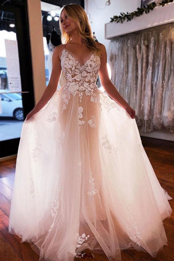 Elegant A-line V Neck Lace Long Sleeves Wedding Dresses WD588 – Pgmdress