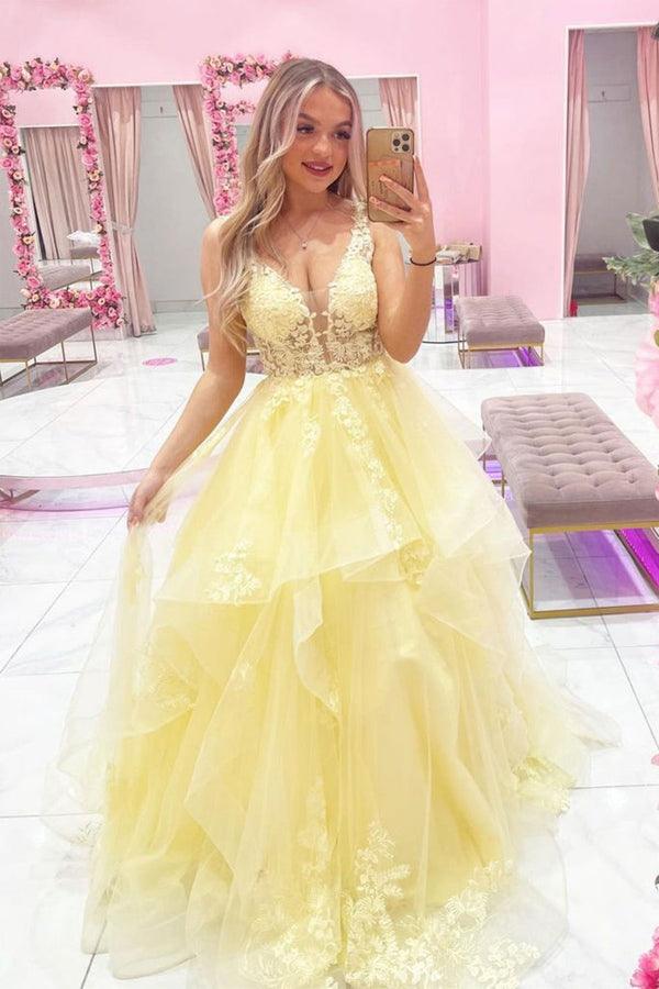 Elegant Straps Two Piece Yellow Long Lace Prom/Formal Dress – Pgmdress