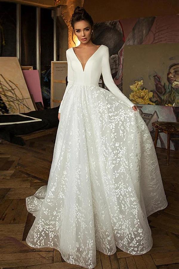 A Line Elegant Long Sleeves V Neck Beach Wedding Dress Bridal Gown –  Pgmdress