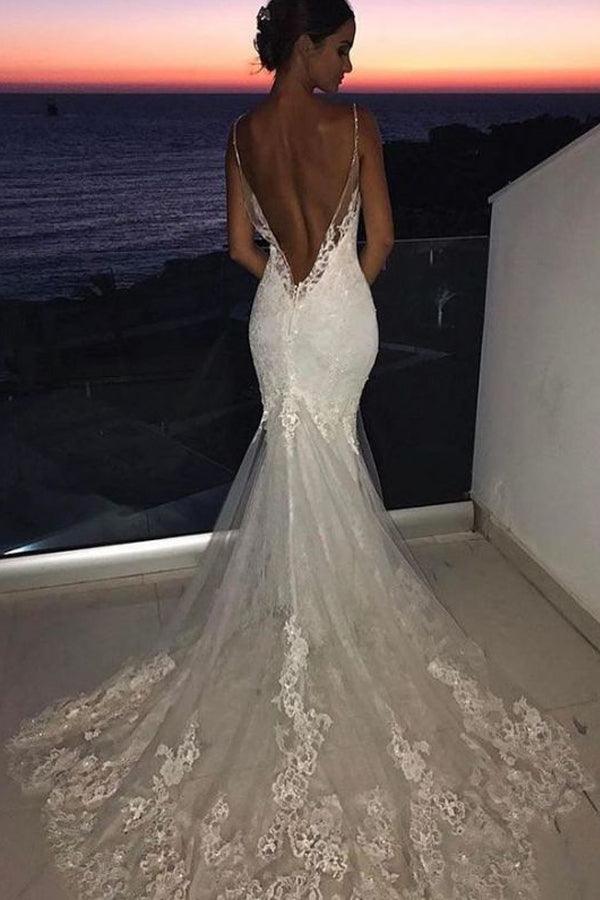 Mermaid Spaghetti Straps Low Cut Backless Lace Wedding Dress – Pgmdress