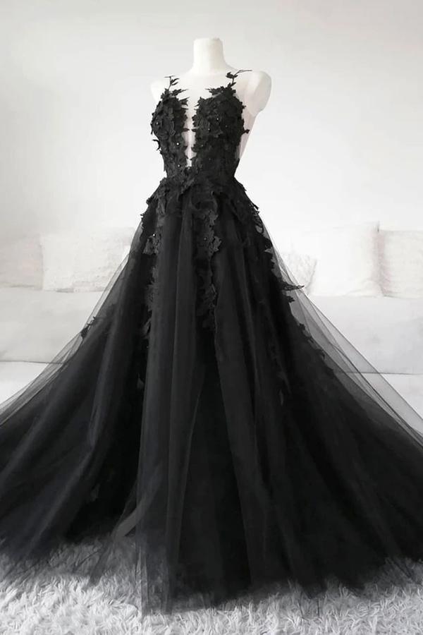 Ball Gown Deep V Neck Black Lace Wedding Dresses with Appliques WD571 ...