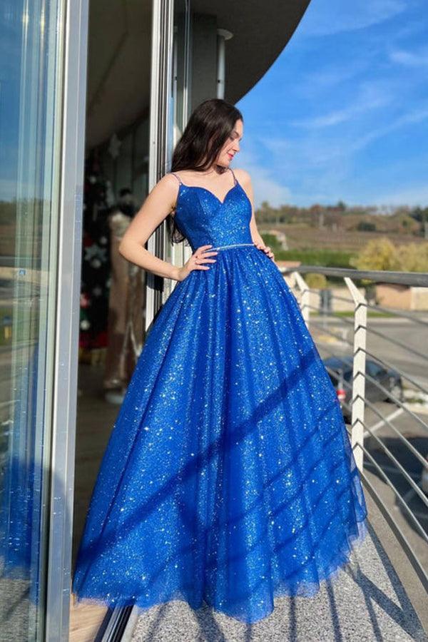 Pearls Off-shoulder Puffy Sleeved Blue Prom Gown - Xdressy