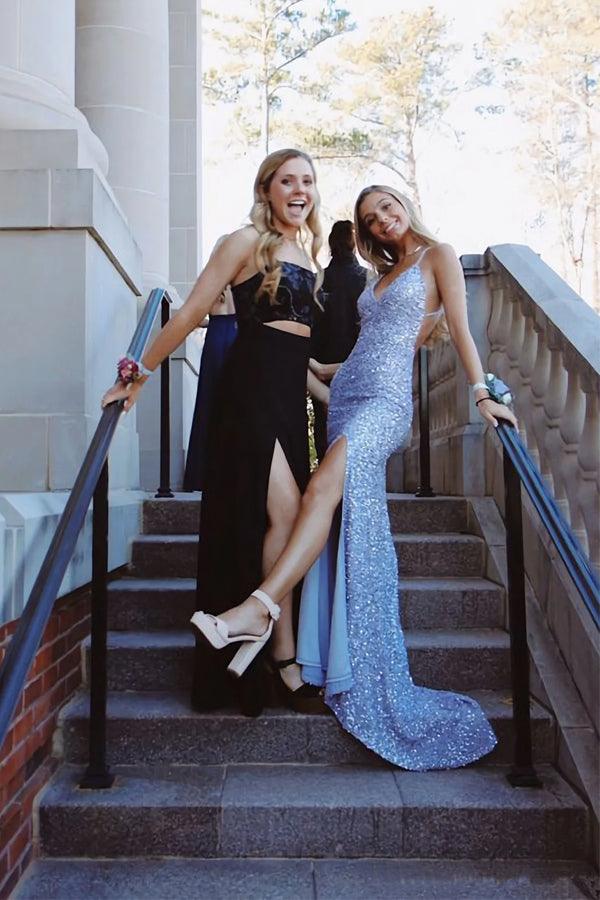 A Line V Neck Spaghetti Straps Navy Blue Prom Dresses with High Slit, –  Shiny Party