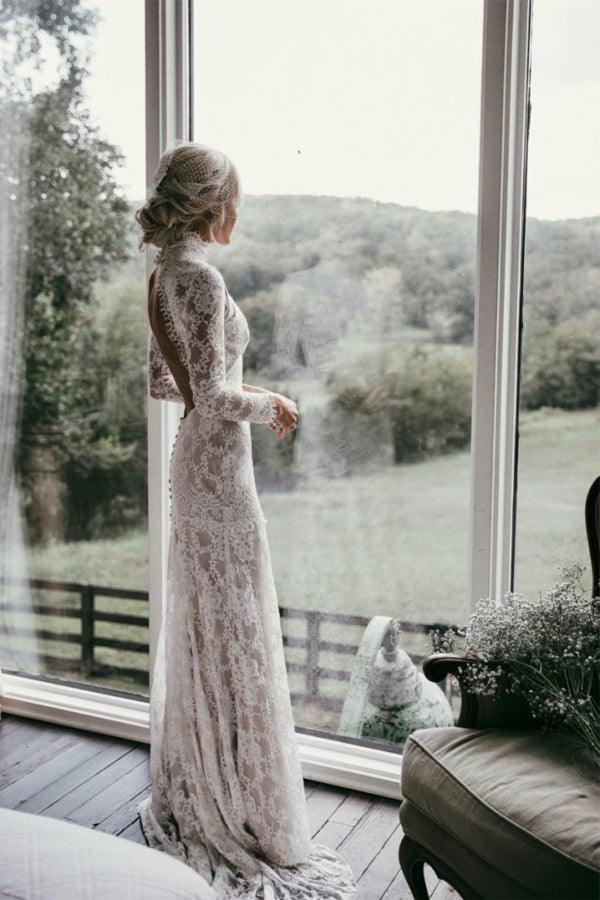 Lace High-Neck Wedding Dress with Long Sleeves