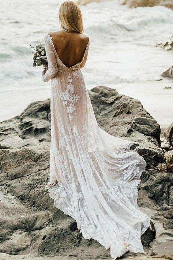Long Sleeve Lace Wedding Dresses Lace Up Back Beach Wedding Dress – Pgmdress