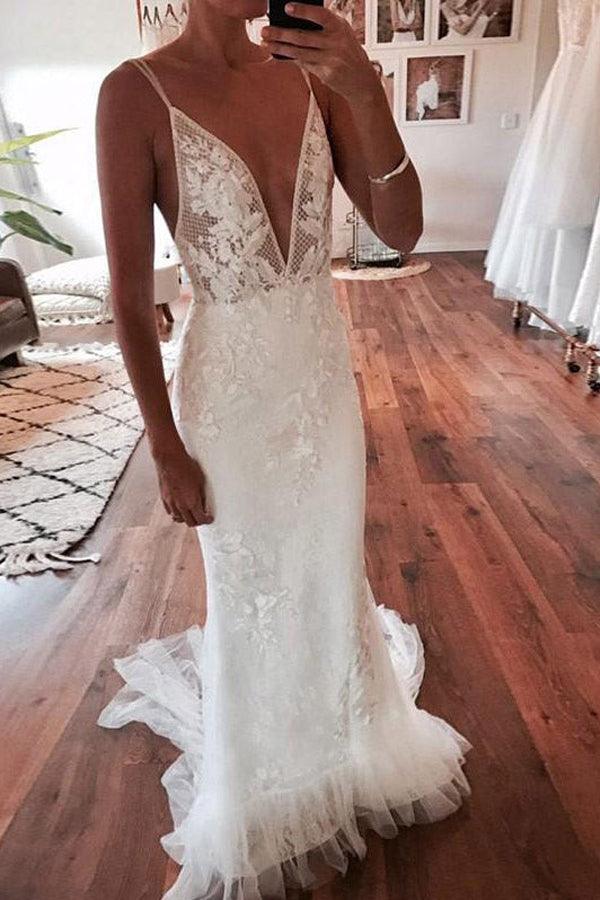 Mermaid Spaghetti Straps Low Cut Backless Lace Wedding Dress – Pgmdress