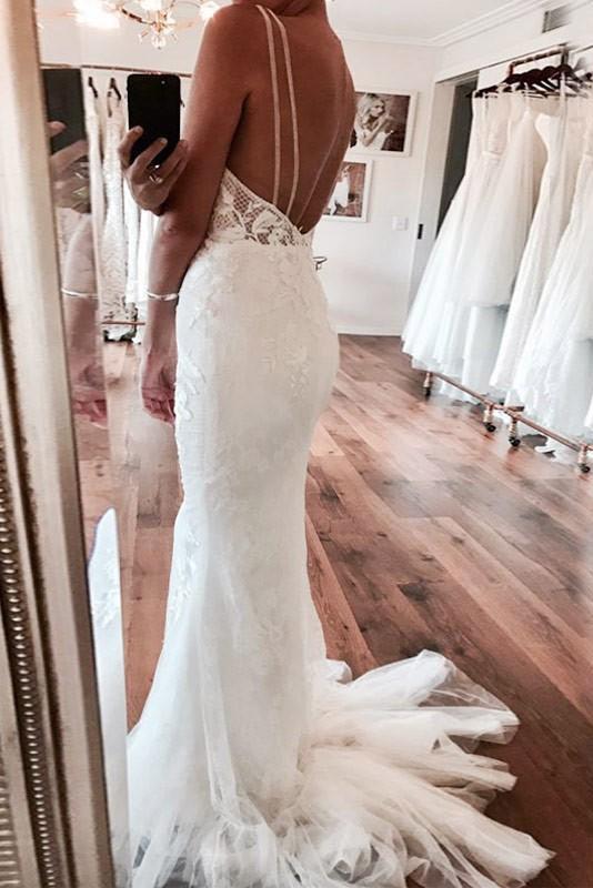 High Neckline Lace Backless Mermaid Wedding Dresses With Court