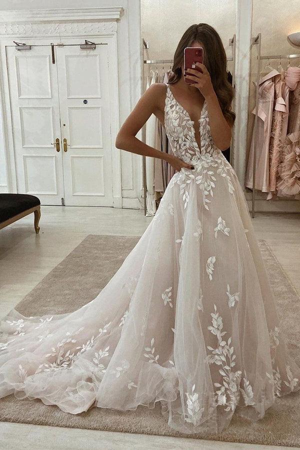 Wedding Dress with Plunging Neckline and Train