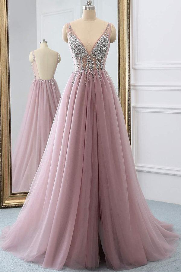 Sexy Tulle Pink Ruffled Long Prom Dress with Criss Cross Back – Promnova