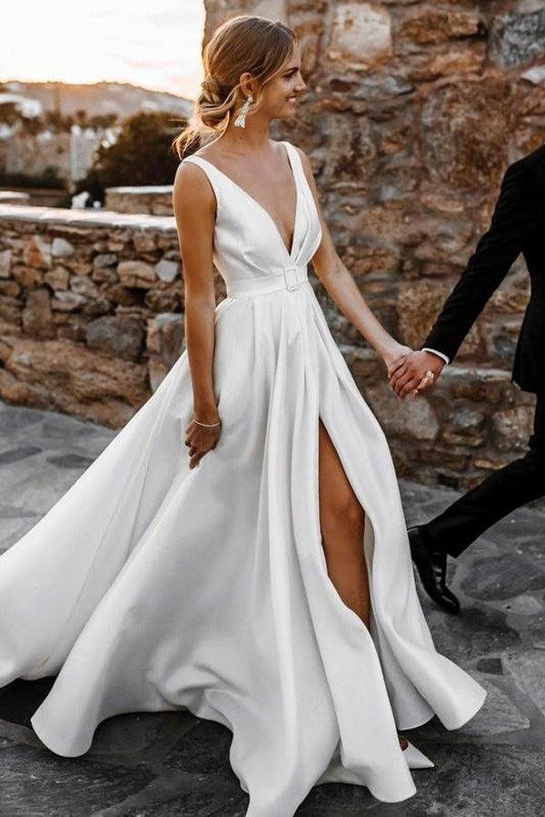 A-Line V-neck Backless Sweep Train Wedding Dress with Appliques