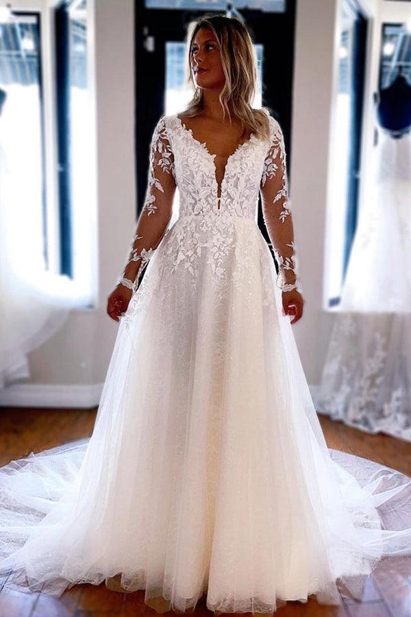 Elegant A-line V Neck Lace Long Sleeves Wedding Dresses WD588 – Pgmdress