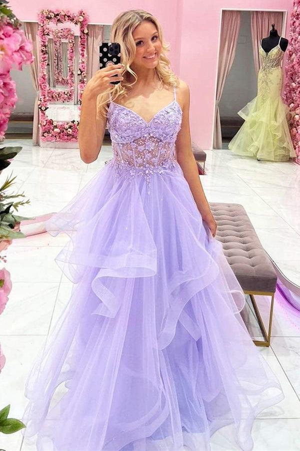 Hellymoon Women Purple Lace Lavender Prom Dress with Slit A-Line Spaghetti  Straps Formal Party Dress – hellymoonuk