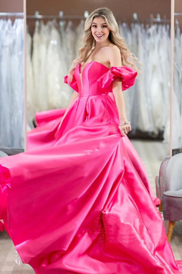 pgmdress Hot Pink Puff Sleeves Off The Shoulder Simple Prom Evening Dresses US8 / As Picture