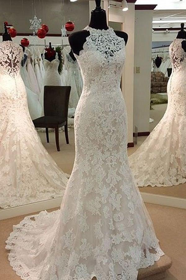 Mermaid V-neck Long Sleeve Wedding Dress Lace Appliques Tulle
