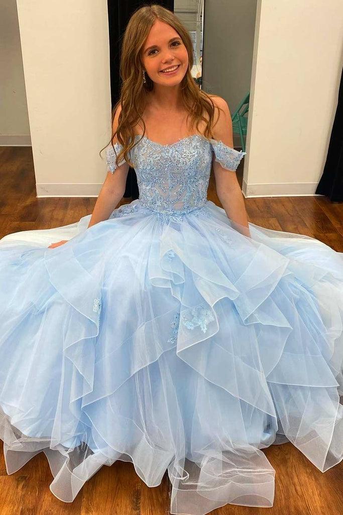 Sky Blue Tulle Off the Shoulder Long Prom Dress Elegant Evening