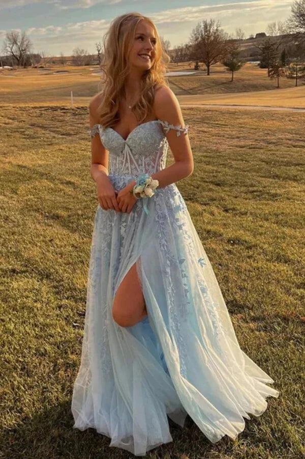 Light Blue Tulle Off Shoulder Long Prom Dresses With Lace Appliques –  Pgmdress