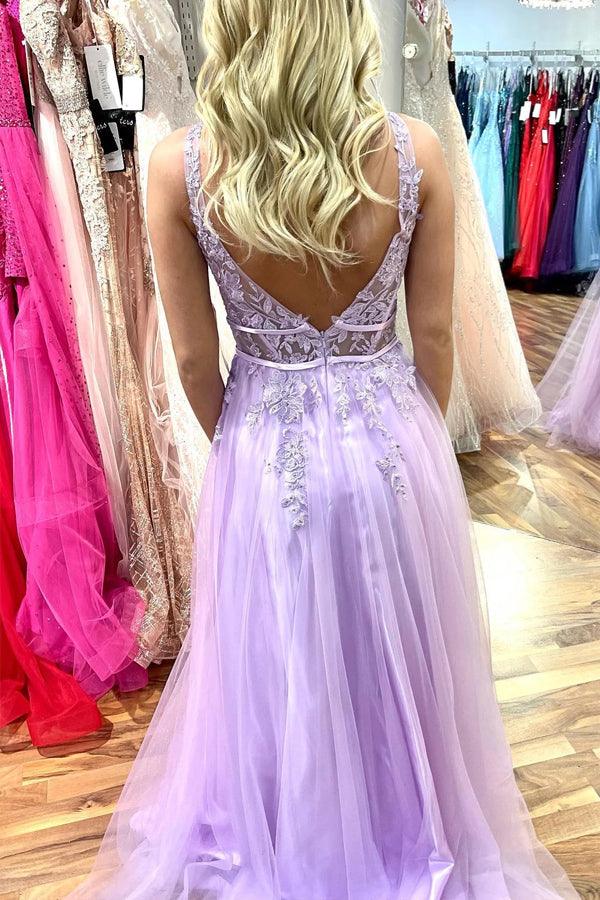 Lilac Tulle A-line V-neck Prom Dresses With Side Slit, Long Formal Dresses,  MP794