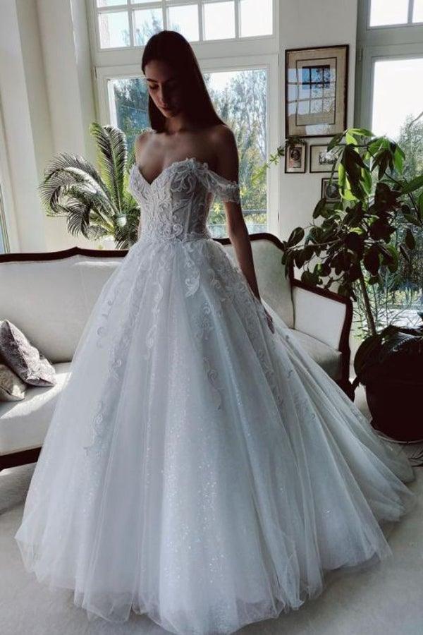 pgmdress Off The Shoulder Tulle Sweetheart White Wedding Dresses Bridal Gown US18 / As Picture