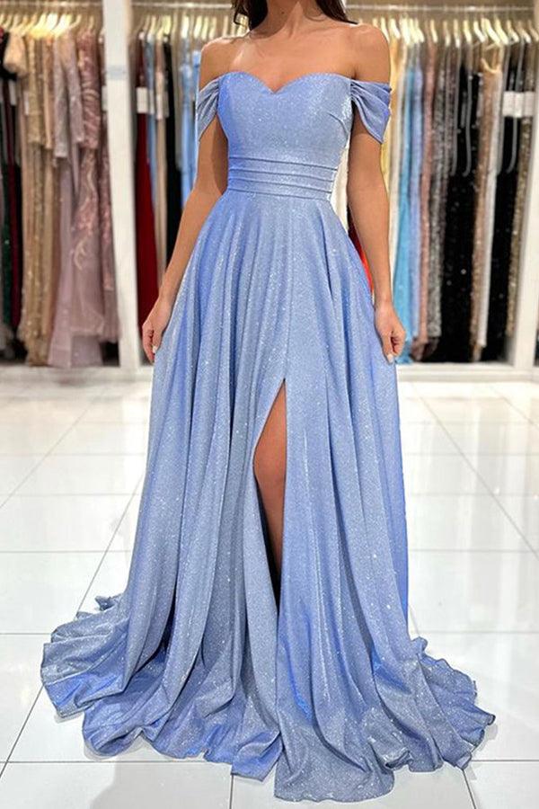 Sky Blue Off The Shoulder Satin Prom Dresses Floral Long Formal