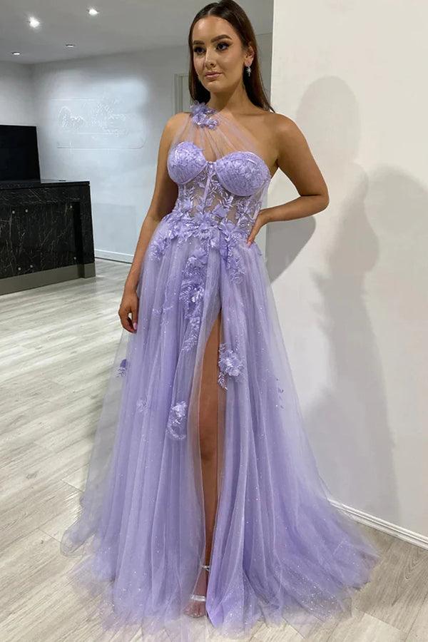 One Shoulder Purple Blue Lace Split Prom Dresses Evening Dresses – Pgmdress