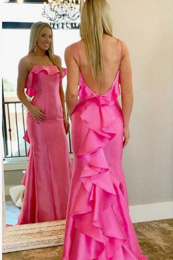 Pink Spaghetti Straps Satin Mermaid Prom Dress With Ruffles Psk355 Pgmdress 