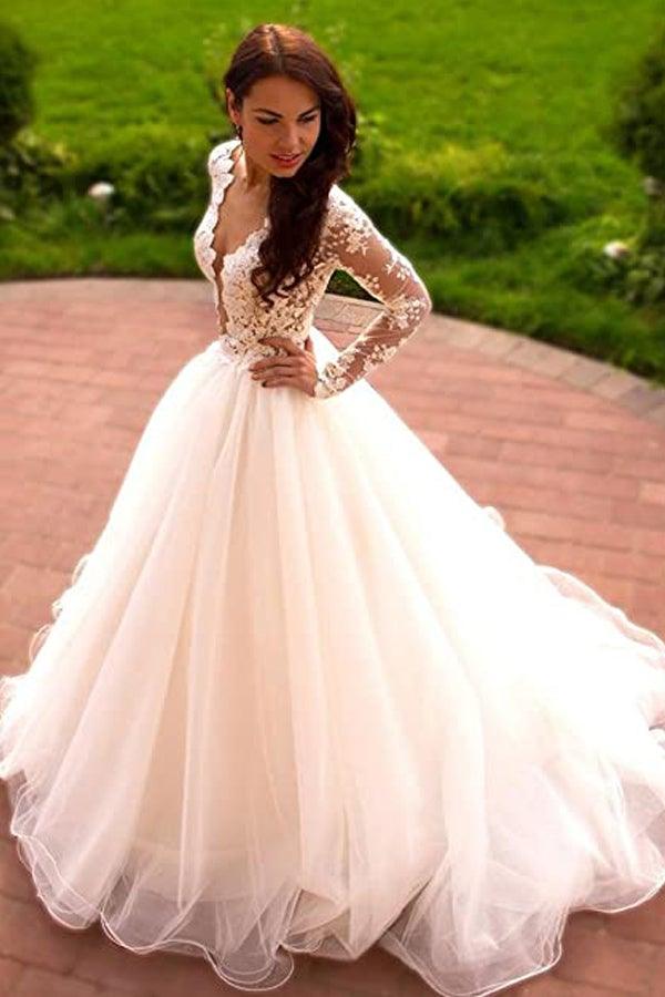 Long Sleeve Low Back Ivory Crepe Satin Wedding Ball Gown - Promfy