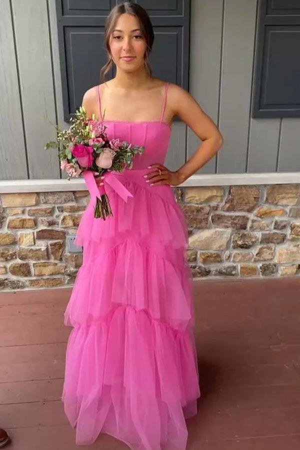 Strapless High Low Hot Pink Tulle Long Prom Dresses, Hot Pink Formal  Graduation Evening Dresses SP2520