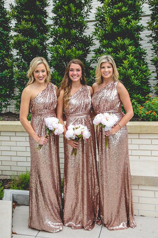 Sexy Cowl Neck Sequin Gold Bridesmaid Dresses with Side Slit