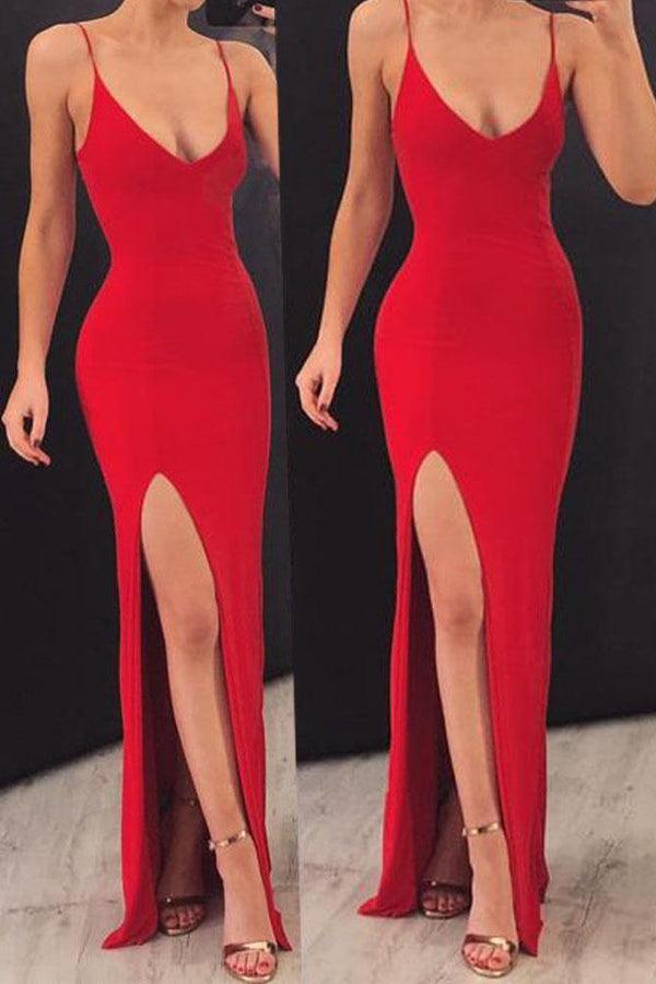 Sexy Red Black Sheath Spaghetti Straps Side Slit Floor-length Long Party  Prom Dresses - ChicSew