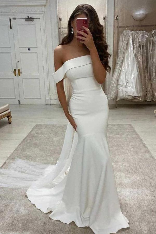 Simple Plus Size Wedding Dresses White Ivory Satin Off the Shoulder Bridal  Gowns