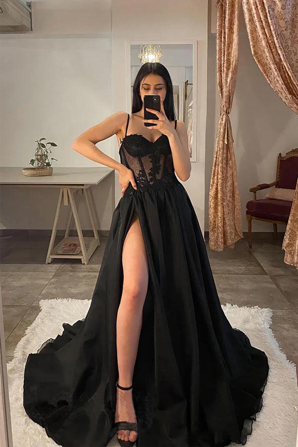 Black Spaghetti Strap Simple Satin Long Prom Dress Evening Dress – Pgmdress