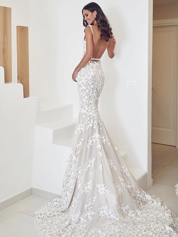 Gorgeous Mermaid Straps Open Back Lace Wedding Dresses – Pgmdress