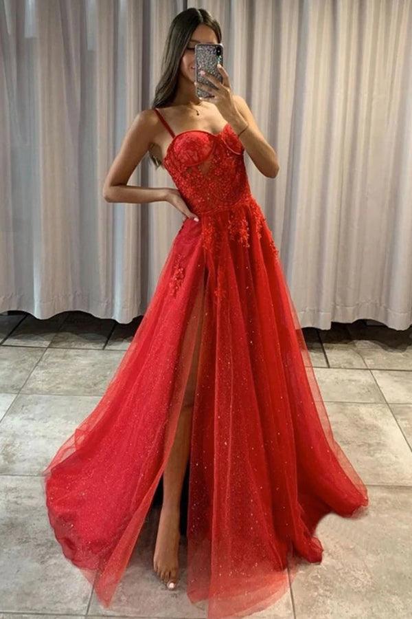 pgmdress Sweetheart A-Line Red Lace Sparkly Tulle Prom Dresses Formal Dresses US8 / As Picture