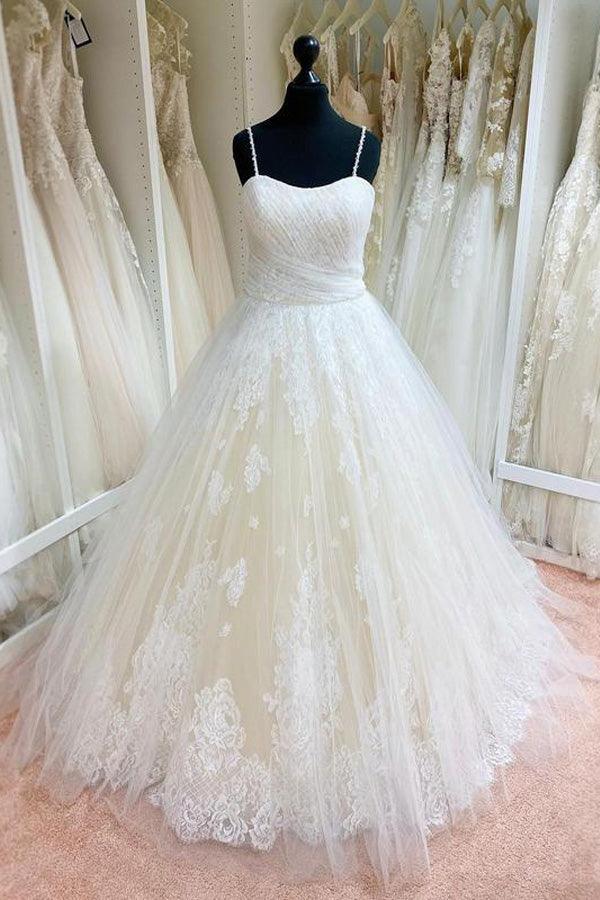 Gorgeous White Spaghetti Straps Lace Tulle Mermaid Court Train Wedding  Dresses, MW239 – Musebridals