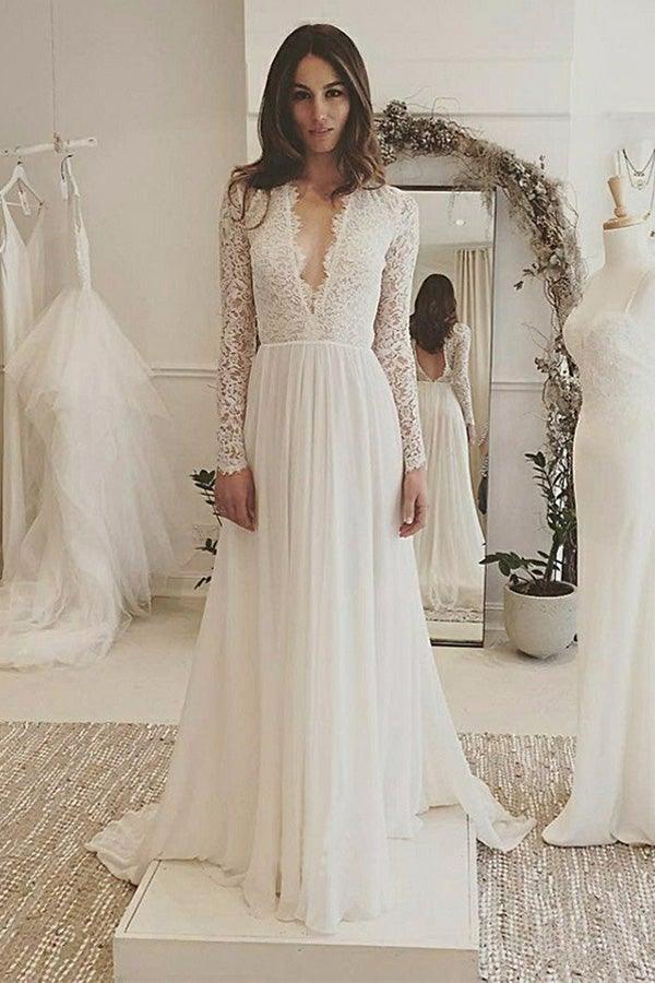 Lace & Chiffon Long Sleeve Open Back Boho Wedding Gown - Xdressy