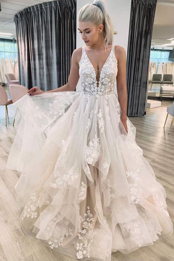 F191054 V-neck Lace Wedding Dress with Halter Straps