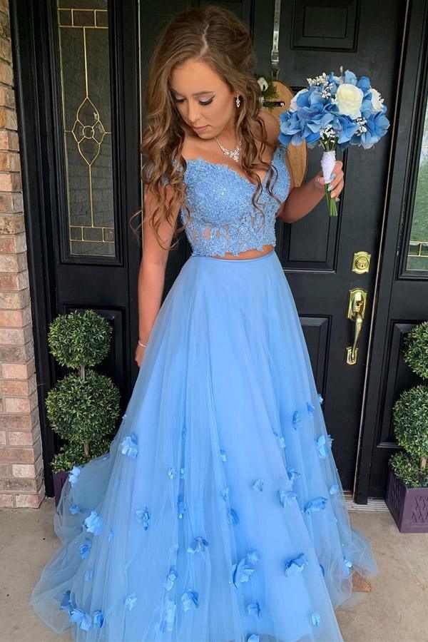 A-line 3D Flower Junior Prom Dresses Lace Two Piece Prom Gown – Pgmdress
