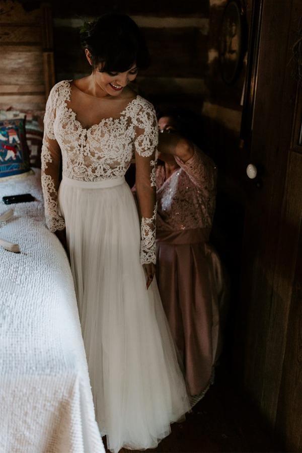 Rustic Lace Long Sleeves Tulle Wedding Dress With Detachable Satin