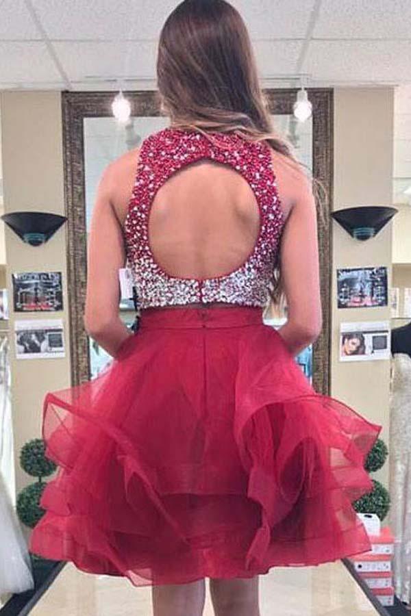 Sparkly Burgundy Homecoming Dresses Backless A-line Mini Party Dress PD383