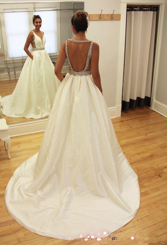 Elegant Satin A-line V-neck Sweep Train Wedding Dresses, Bridal Gown, MW621