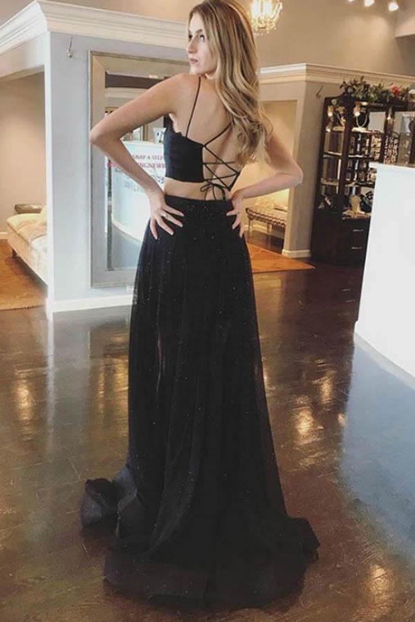 Two Pieces Black A-Line Long Sleeve O-Neck Long Prom Dresses – Pgmdress