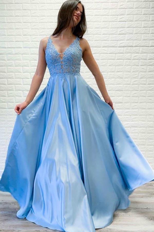 Sky Blue Lace Prom Dresses Long V Neck Rose Red Formal Dress – Pgmdress