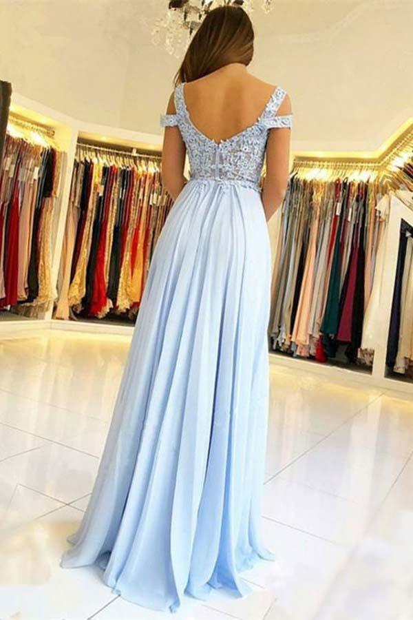 A-Line Cold Shoulder Light Blue Chiffon Prom Dress with Appliques ...