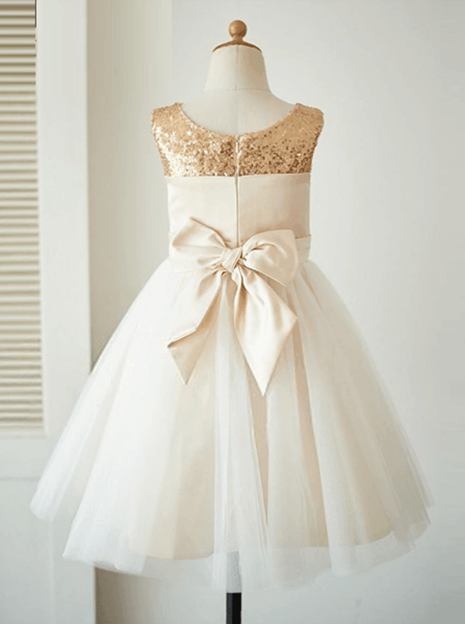 A-Line Crew Knee-Length Champagne Tulle Flower Girl Dress – Pgmdress