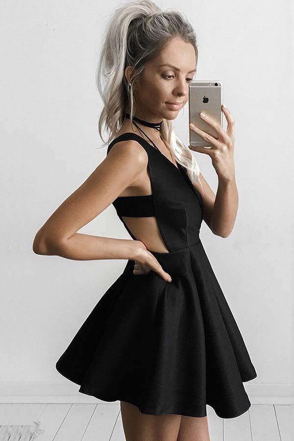 A-Line Deep V-Neck Short Cut Out Black Satin Homecoming Dress – Pgmdress