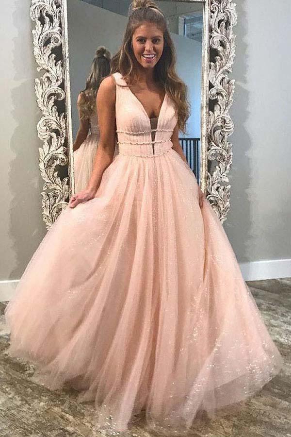 Vampal A Line Pink V Neck Cap Sleeve Beading Applique Tulle Prom Dress