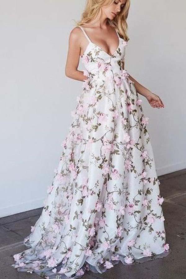 Pink Tulle Floral Long Prom Dresses, Spaghetti Straps Pink Floral Long  Formal Evening Dresses