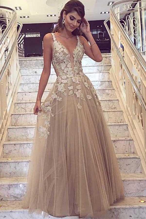 A-line V Neck Sleeveless Long/Floor-Length Tulle Satin Prom Dress With Lace  Appliqued