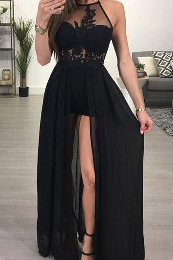 A-Line Halter Floor Length Black Open Back Lace Prom Dress with Split –  Pgmdress