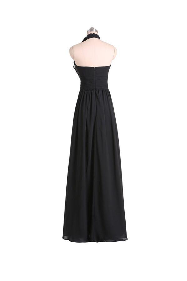 A-line Halter Floor Length Chiffon Black Bridesmaid Dress With Pleats ...